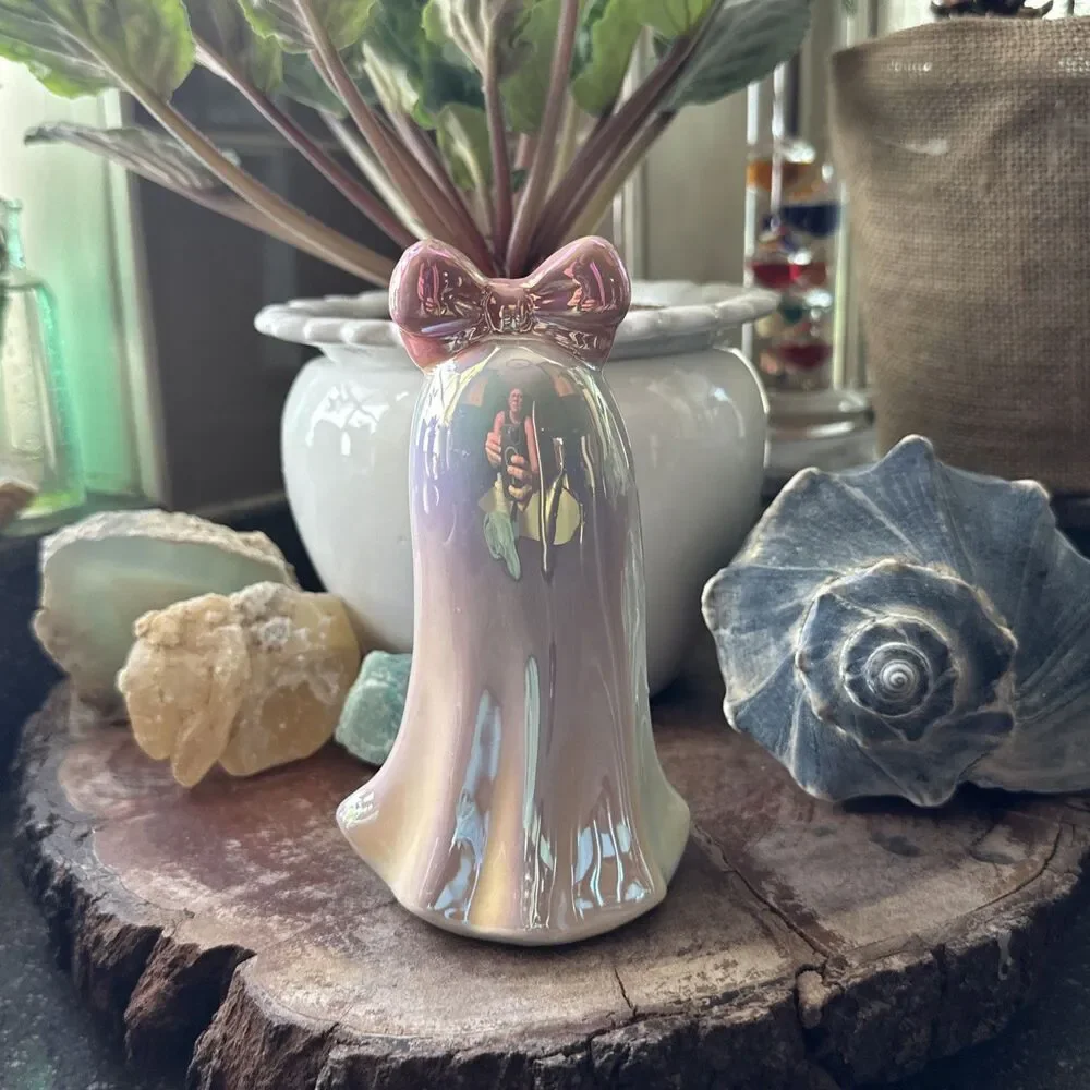 Ceramic Ghost LED Light Iridescent Pink Bow Halloween Decor 6” Battery Operated
